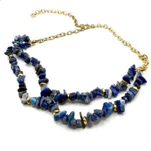 Vintage 90s Blue Sodalite Lapis Stone Chip Layered Double Strand Chain Necklace